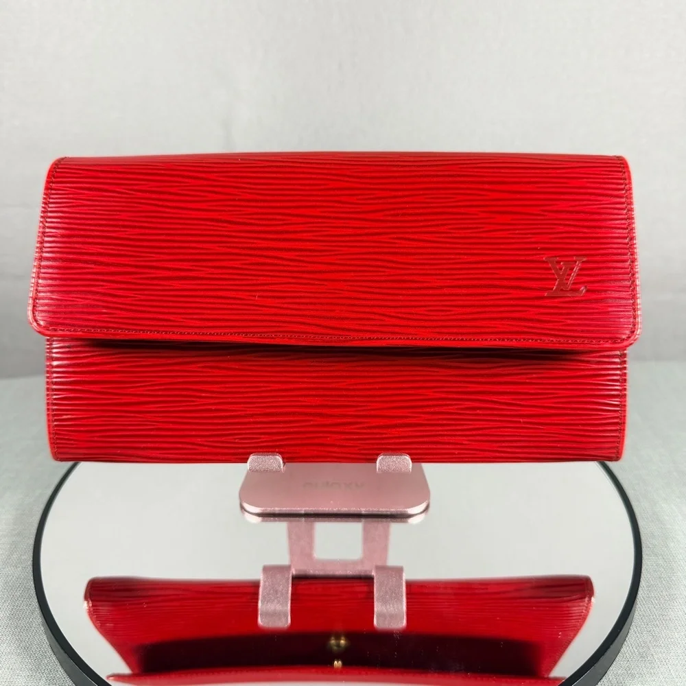 Louis Vuitton Trifold Wallet Red Epi Leather Snap Closure Zip Coin Pocket